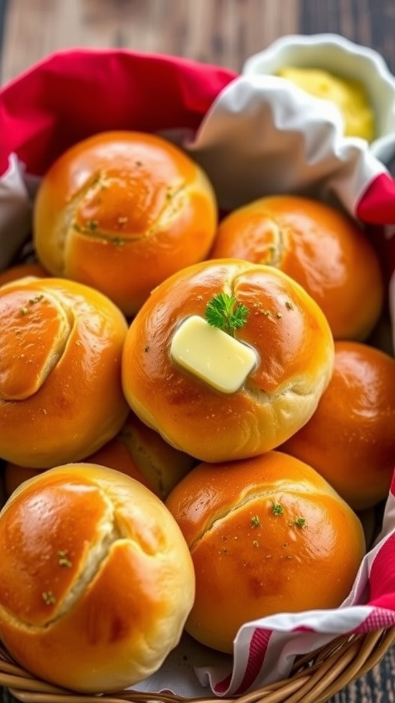 Golden brown garlic butter dinner rolls in a basket with melted butter and parsley on top.